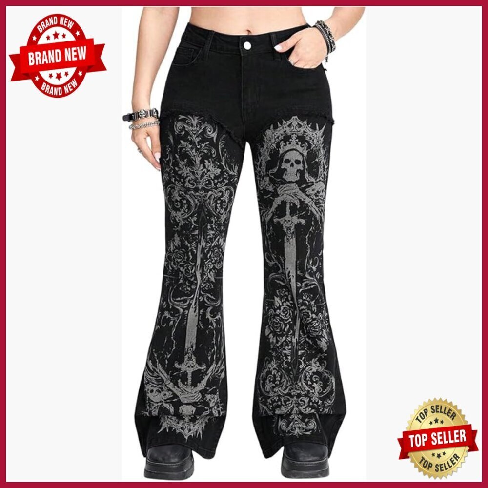 Plus Size Gothic Punk Skull Graphic Flare Jeans Raw Trim Denim Pants